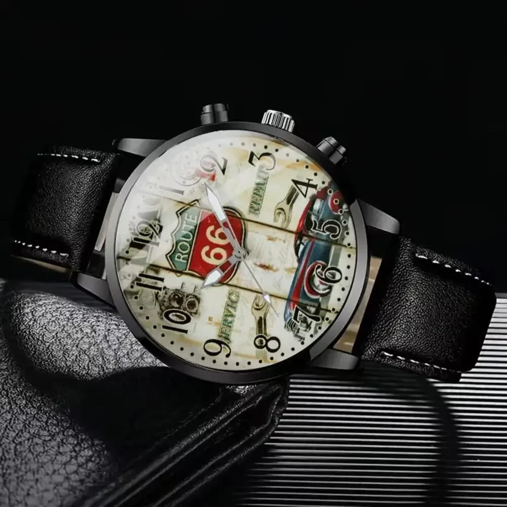 Men's Round Route 66 Watch Dial Black Case Black Faux Leather Strap New